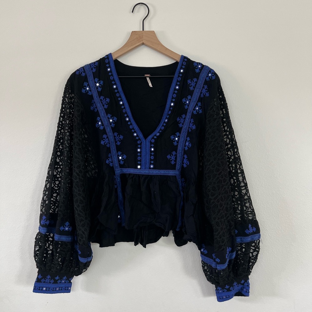 Free People “Boogie All Night” Black Blouse with Cobalt Blue Embroidery - Medium